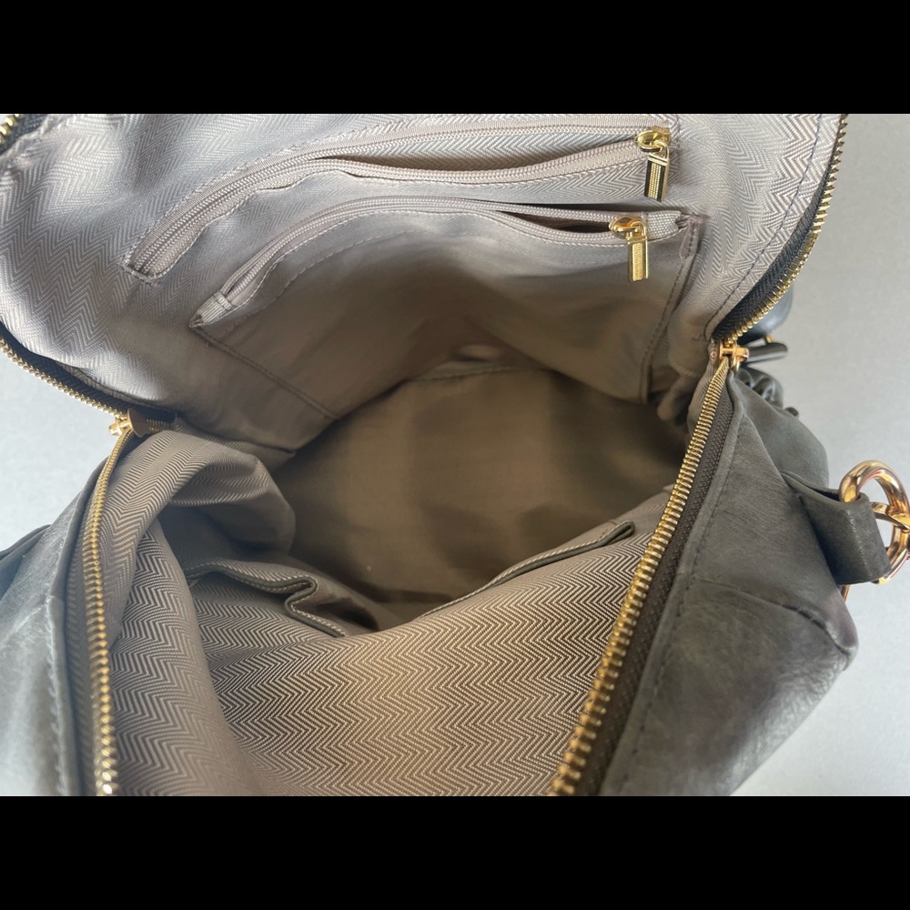 Boutique gray backpack purse with leopard strap